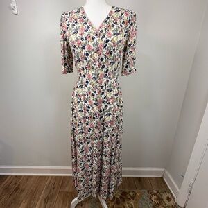 Vintage 90s Ditsy Floral Midi Dress Cottagecore Prairie Tea Dress Sz 6
